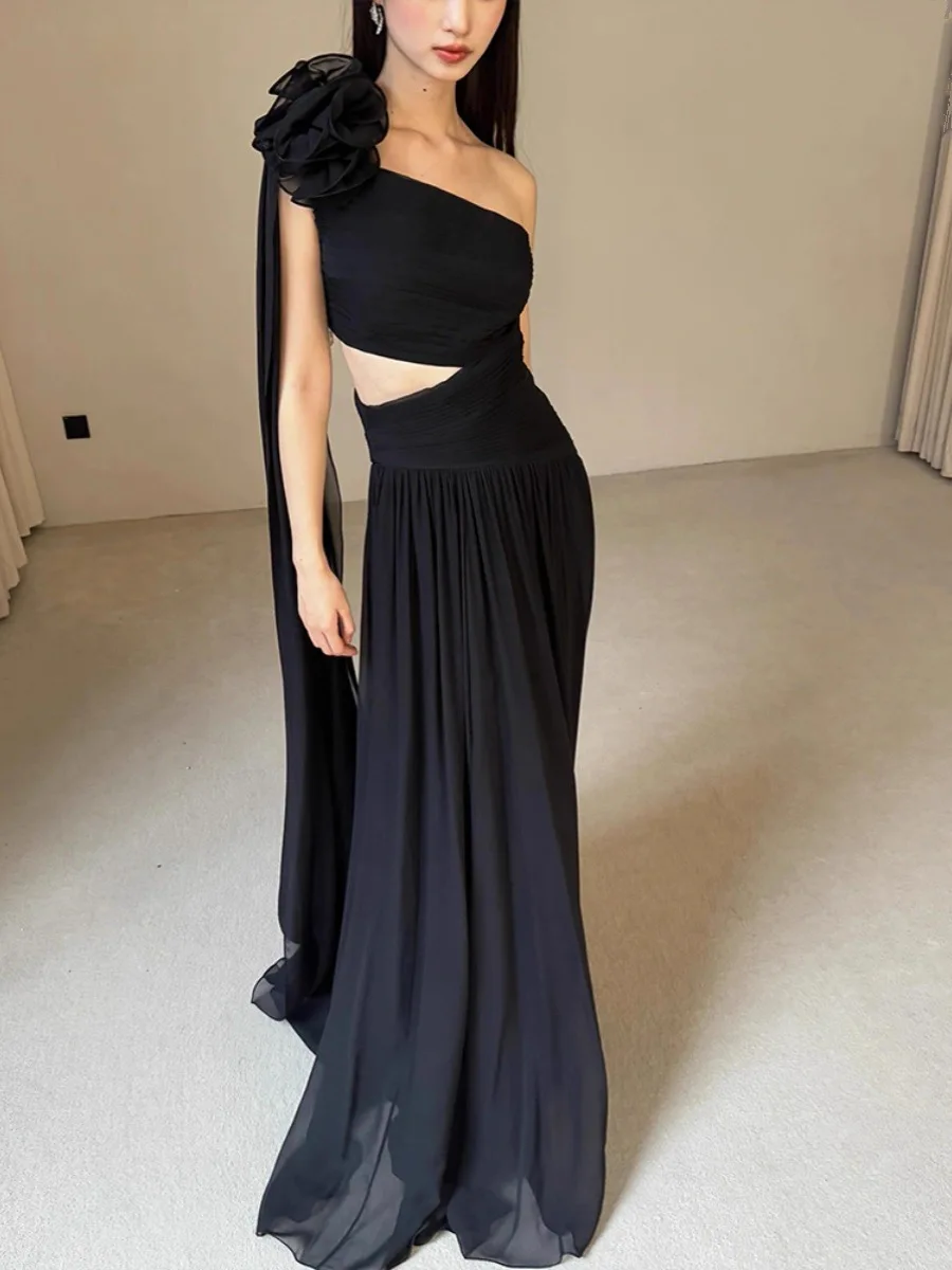 

Elegant Black Celebrity Dress Floor Length Sloping Shoulders Chiffon Sexy Bare Waist Trailing Wedding Party Formal Evening Gown