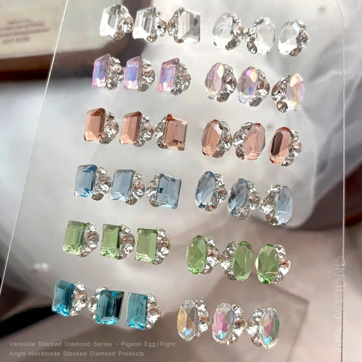 5Pcs No‑base Transparent Nail Charms, Handmade Crystal Pigeon Egg & Square Rhinestone Cluster, DIY Manicure Decorations