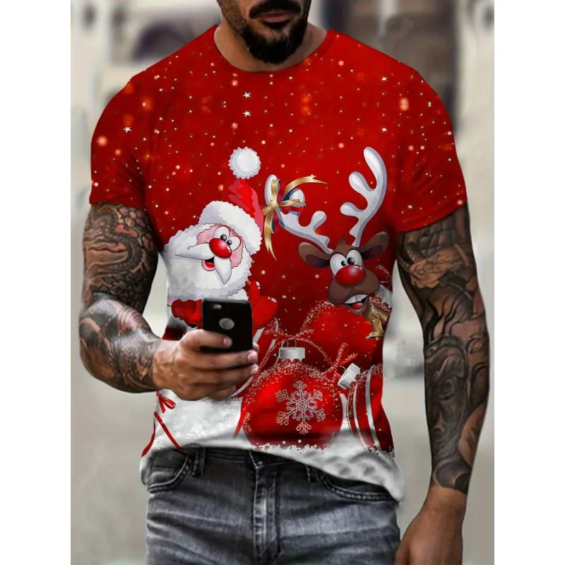 

Men and women Santa Claus reindeer print T-shirt holiday pattern short sleeved top casual quick drying fashionable holiday patte