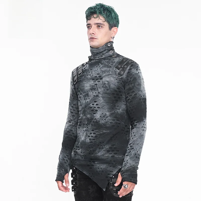 Devil Fashion Punk Style High Collar Long Sleeve Tie Dye T-Shirt Men's Standard Fit Polyester Casual Wear TT261