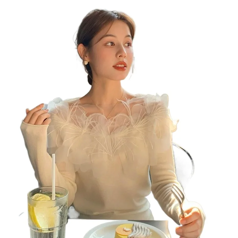 

French Retro Hand-embroidered Flowery Mesh Knitted Sweater Women's 2026 Spring and Autumn High-end Sense Slim and Thin Chic Top