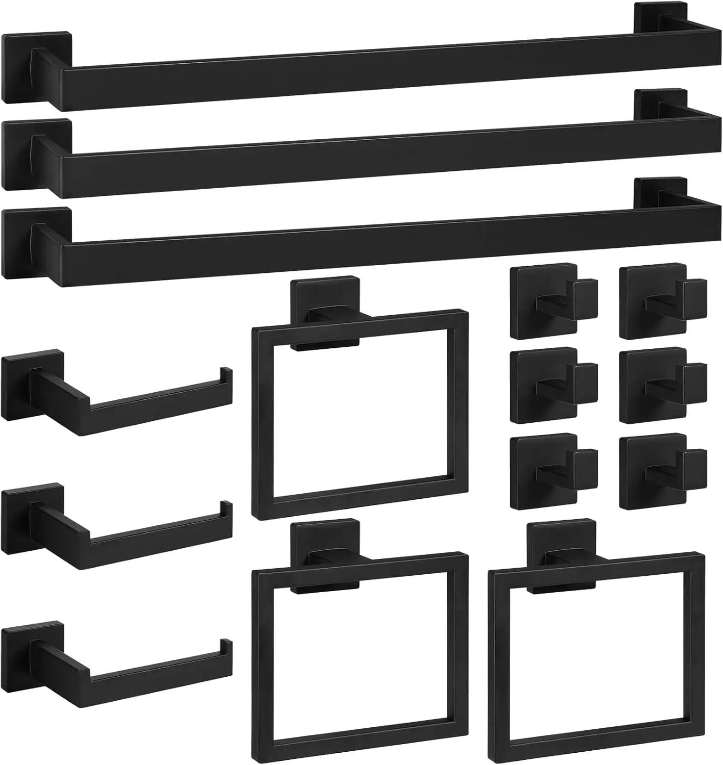 

15-Piece Bathroom Set. Matte Black. 24" Towel Bar, Square Ring, Paper Holder, Hook. Wall-Mounted Stainless Steel.