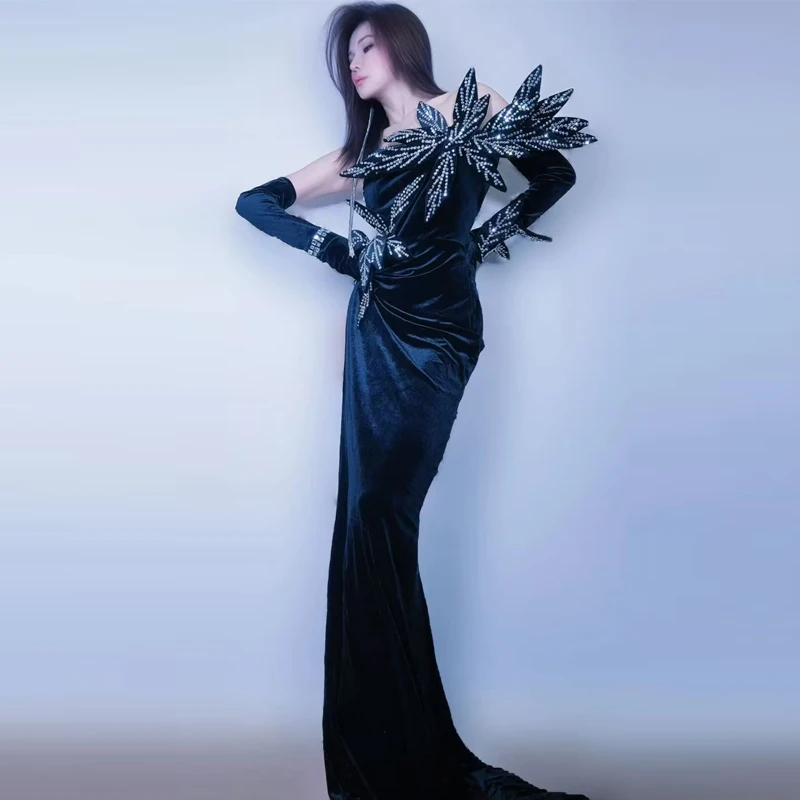 أسود المخملية الراين مساء الزي مرحلة الجاز ملابس رقص المرأة مرحلة المنصة احتفال فستان المرحلة ملابس الحفلات XS9785