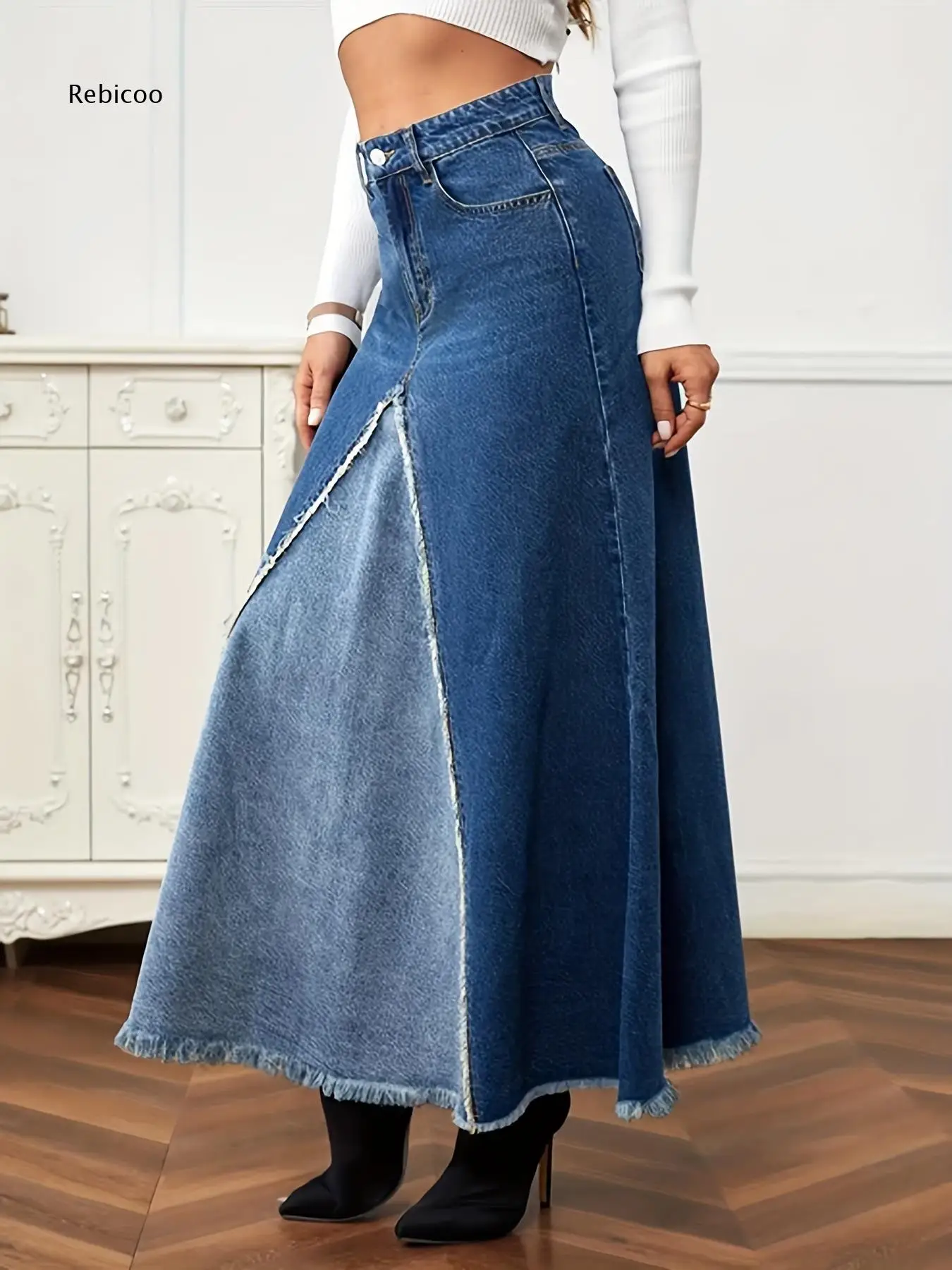 High Waist Color Block Denim Maxi Skirt For Women Frayed Raw Edge Hem Flared Silhouette For Casual Outings And Social Gatherings