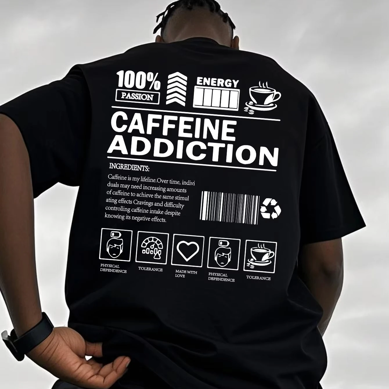 Men's Cotton Caffeine Addiction Graphic T-Shirt Casual Summer Men's and Women's Tee Barcode Coffee Cup Perfect Attire T Shirt