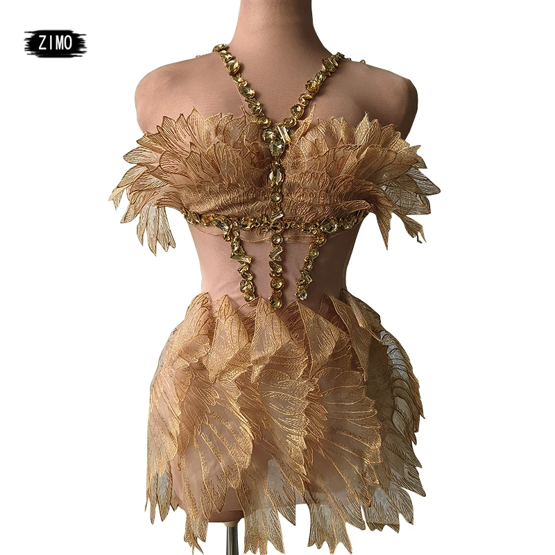 

fashion Gold rhinestones dress sexy lace mesh see through short dress party club birthday pole dance drag queen clothing dance