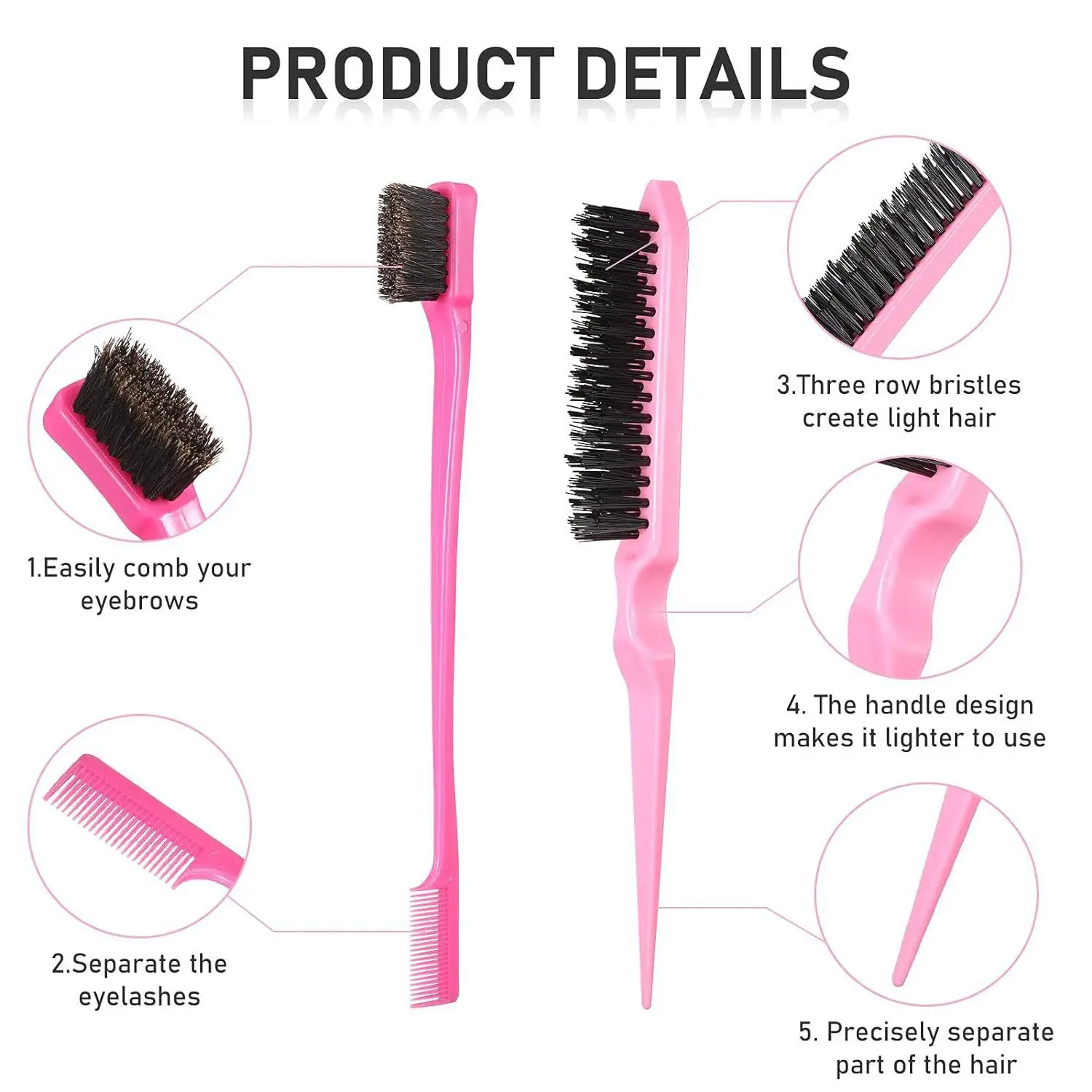 3Pcs Hair Styling Comb Set Teasing Comb Eyebrow Brush Point Tail Comb For Precise Parting Hairline Finish Salon Hairdresser Tool