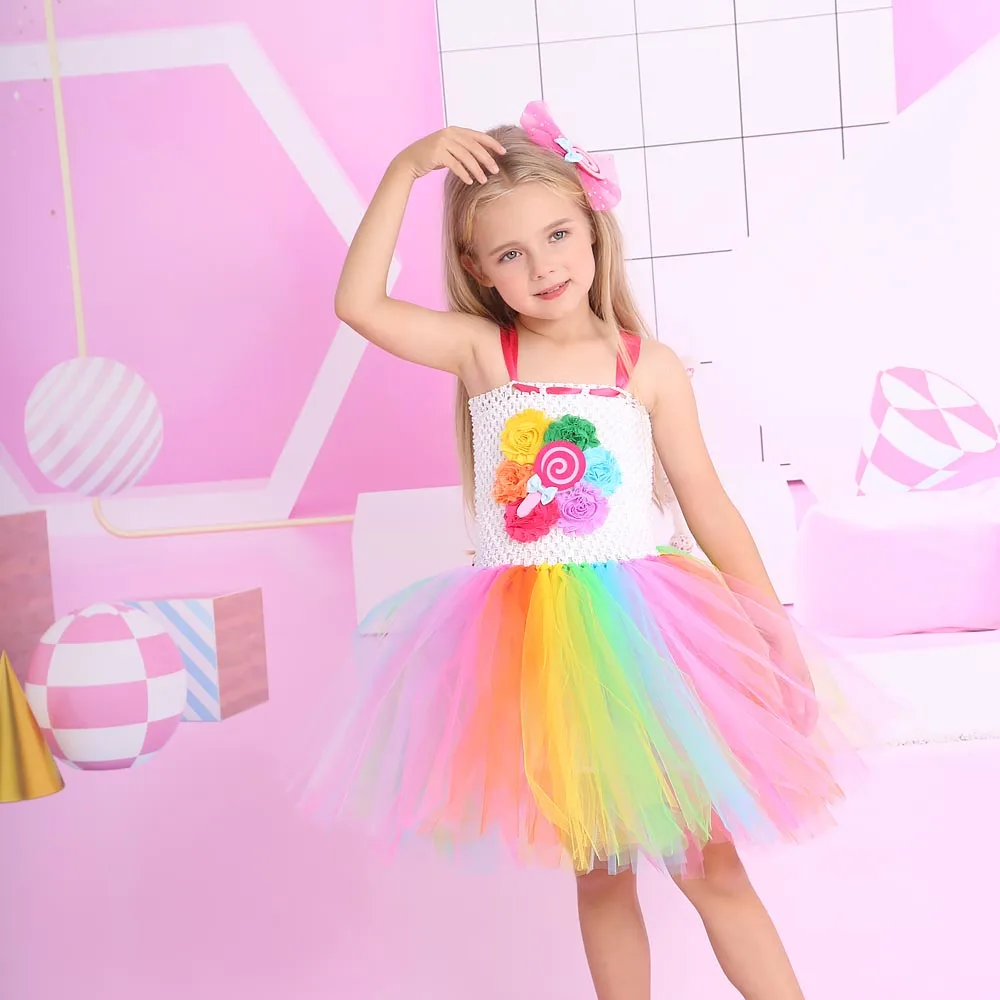 Girls Sweet Rainbow Candy Land Tutu Dress Halloween Party Baby Birthday Kids Flowers Lollipop Summer Dress Princess Tulle Gown