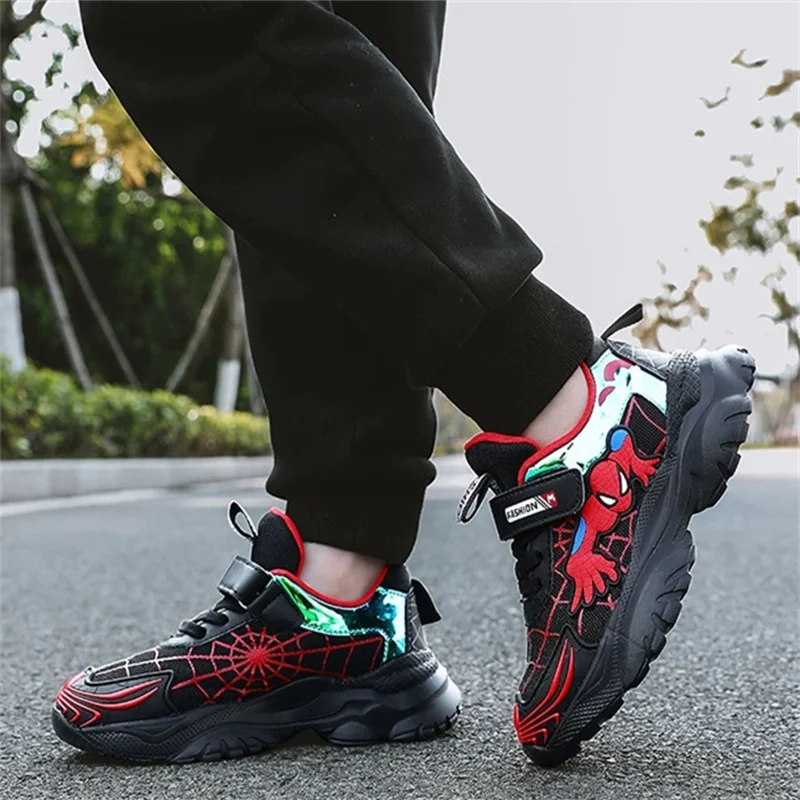 Disney LED Casual Sneakers Red Black For Spring Boys Spiderman Mesh Outdoor Shoes Children Lighted Non-slip Shoes Size 27-37
