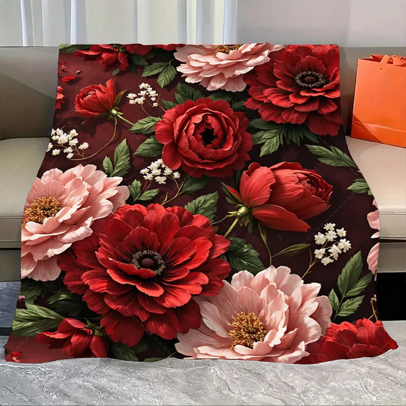 

1pc Flannel Blanket Elegant Red & Pink Floral Blanket for Cozy Living Room Decor