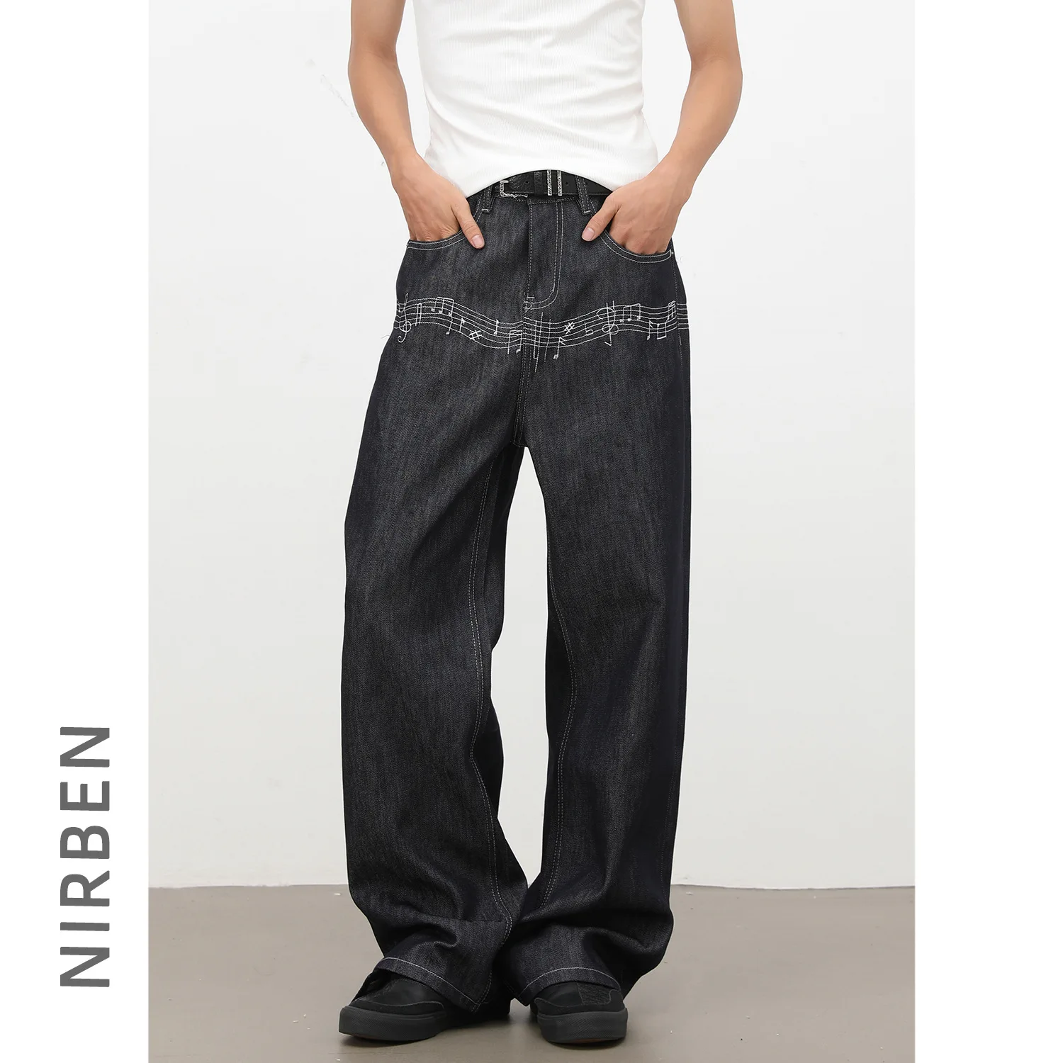 American Retro Music Note Embroidery Primary Color Jeans Men's Loose Straight A Pants