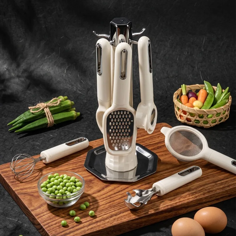 Kitchen Gadgets Stainless Steel Peeler Egg Beater Wire Planer with Storage Seat Household Combination Set
