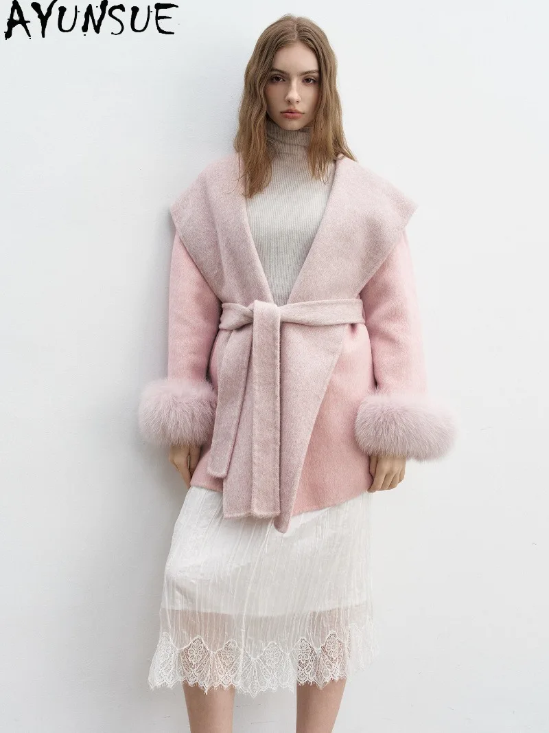 AYUNSUE Womens Double-Faced Wool Coat Real Fox Fur Cuffs Mid-Length Clothing Female Winter Clothes Loose Fit Шерстяное Пальто
