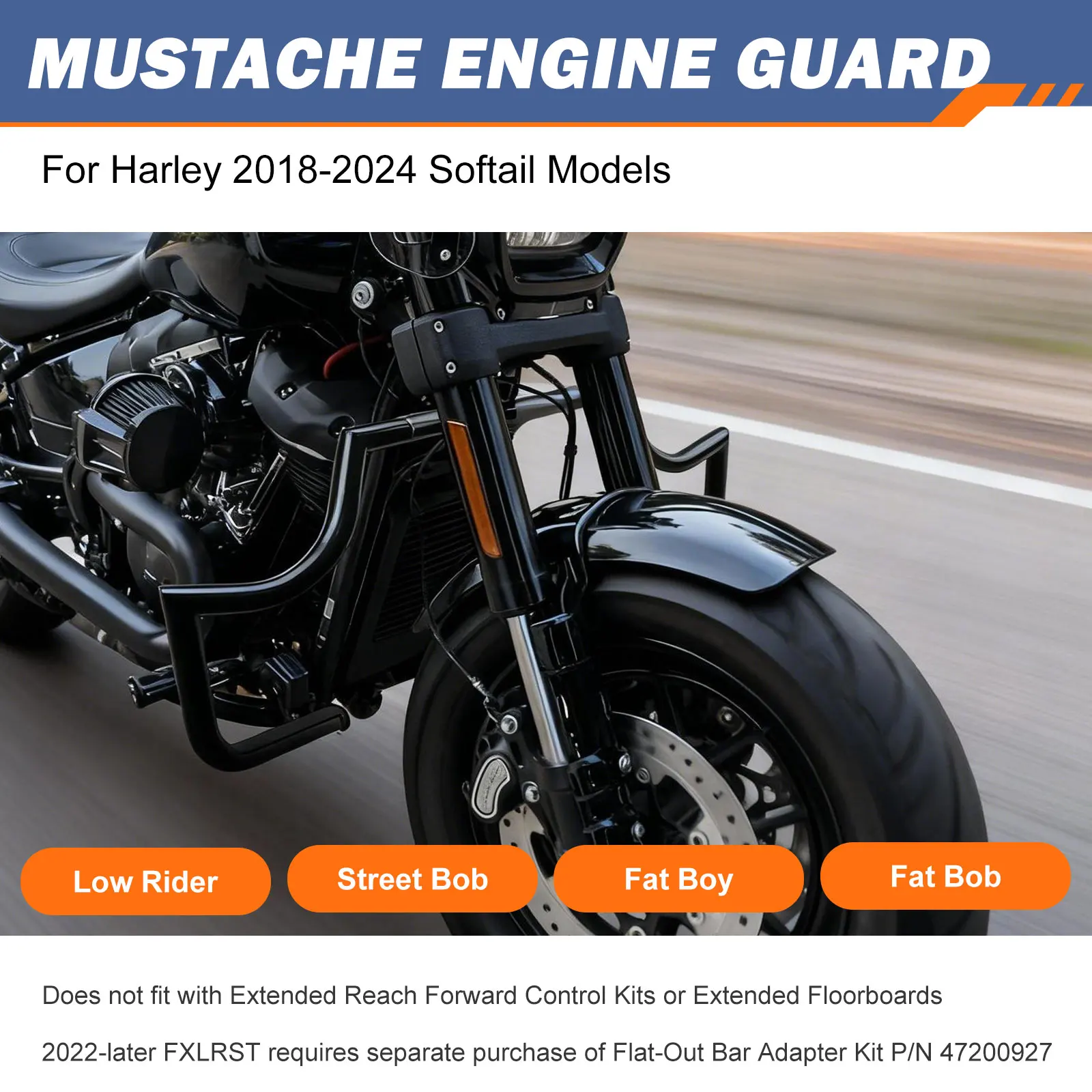 YazenMop Mustache Guard fits Harley Softail '18-'25: Slim/Fat Bob/Fat Boy/Breakout/Street Bob/Low Rider/Heritage Deluxe - Black