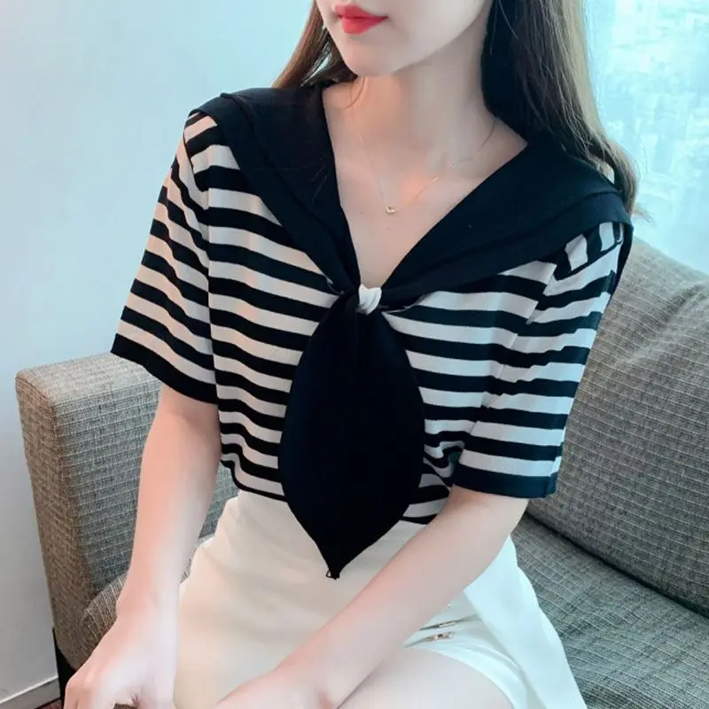 Bow Tie Ice Silk Short Sleeve T-shirt for Women Summer Korean Loose All-match Contrast Preppy Style Tops Fashion Sweet Clothing