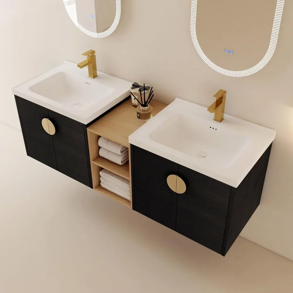 60-Inch Bathroom Vanity with Double Ceramic Sink, Middle Storage Shelf & 2 Cabinet, Large Modern Floating Bathroom Vanities Set