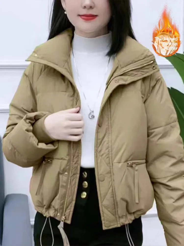 

Winter New Pure Color Small Fraance Sle Cotton Jaet Stand Collar Breadth ort Women's Cardigan Cotton Clothes