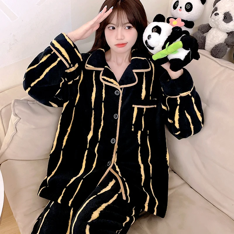 Luxury Winter Warm Thicken Flannel Pajama for Women Cardigan Button Sleepwear for Woman Comfort Soft Velvet Pyjama Pants 2 Piece