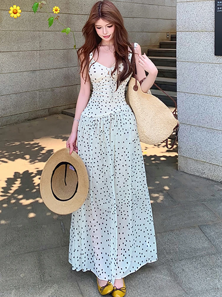 

White Mesh Black Polka Dot Bow Square Collar Sling Dress for Women 2026 Korean Luxury Dress Summer Elegant Bodycon Evening Dress