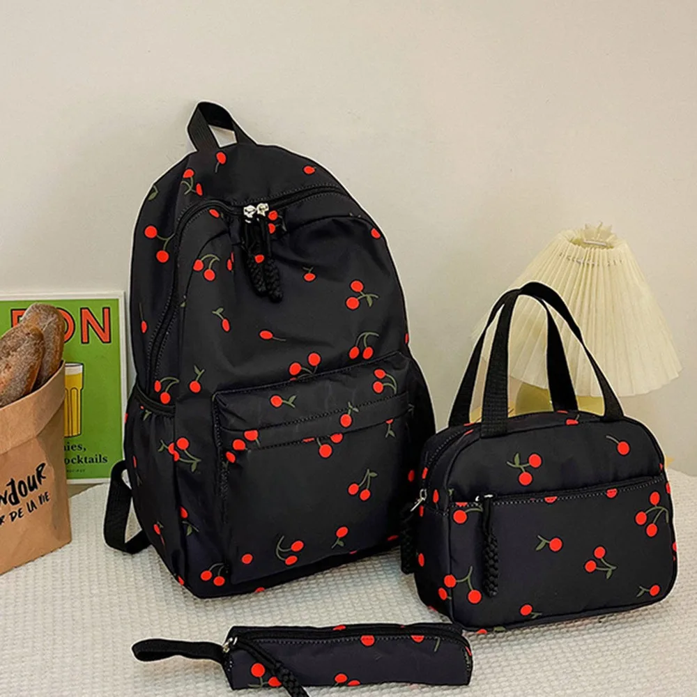 3Pcs/Set Oxford Cloth Cherry Backpack Large Capacity Adjustable School Bag Preppy Style with Lunch Bag & Pencil Case