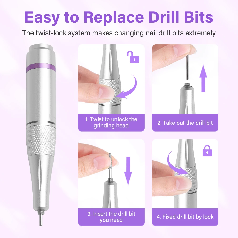 Fresa per Unghie Professionale Ricaricabile 45000RPM con Display HD, Penna Elettrica per Manicure in Metallo, Levigatrice per Unghie