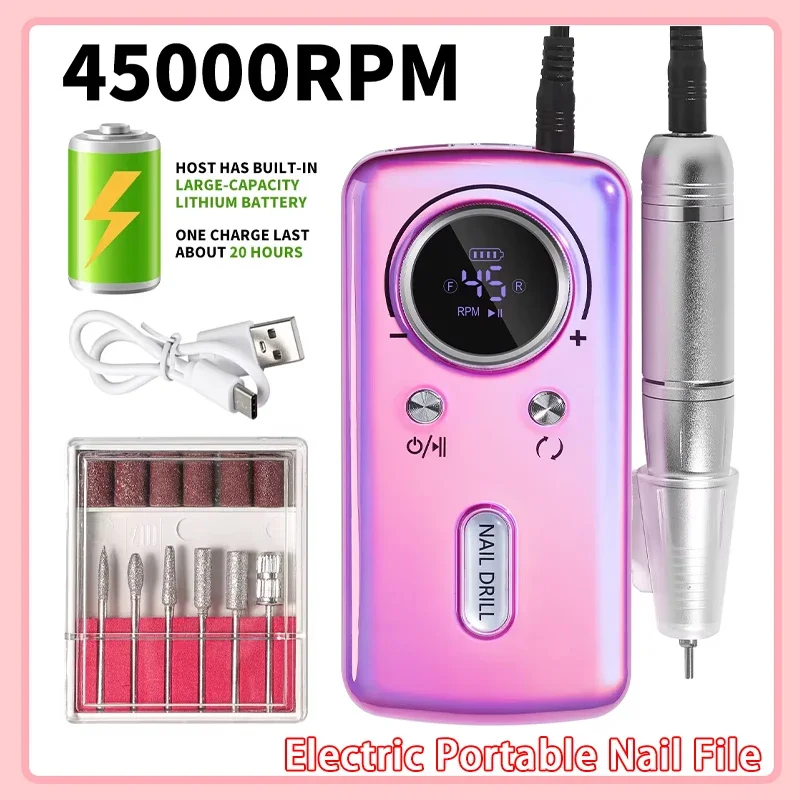 

45000RPM Nail Drill Machine Electric Portable Nail File Rechargeable Nail Sander for Gel Nails Polishing For Home Manicure Salon