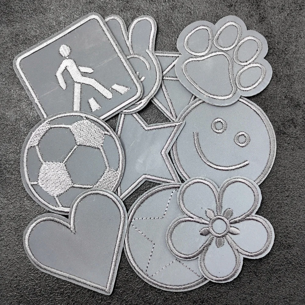 Reflective Material Heart Star Patch for Clothing Iron On Embroidered Sewing Applique Sew-On Fabric Badge Apparel Accessories