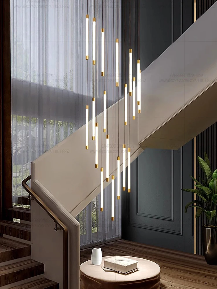 

Modern Staircase Style LED Pendent Lamp Attic Hanging Pendant Light Villa Living Room Long Chandelier Dining Room Ceiling Lamp