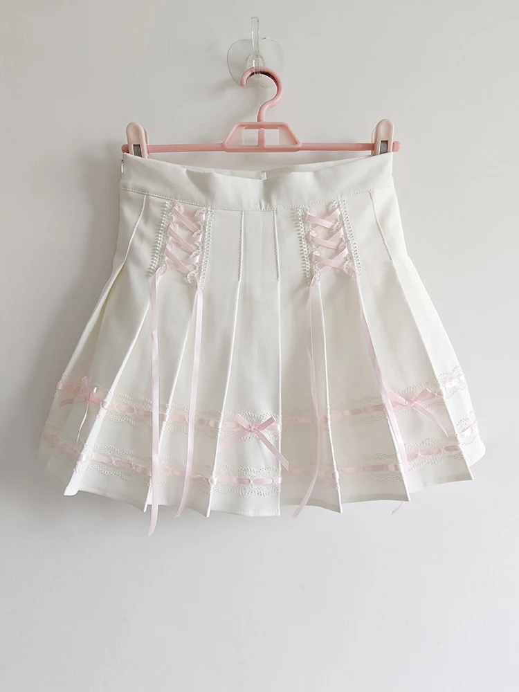 

Sweet Pleated Skirts Women High Waist Bows Decoration Pink Ribbon Lace-up A-line Mini Shorts Skirt Harajuku Kawaii Clothes