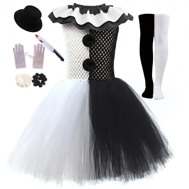 Girls' Clown Clothes for Halloween Party,Sleeveless Black-and-White Mesh Tutu Skirt,Kids' Fancy Outfit for Carnival Performances