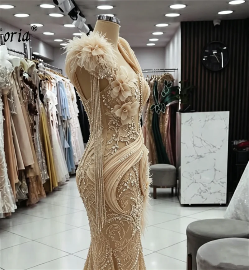 

Customzied Champagne Mermaid Evening Dress 3D Flowers Feather Beaded One Shoulder Formal Party Dress Wedding Engagement Galas