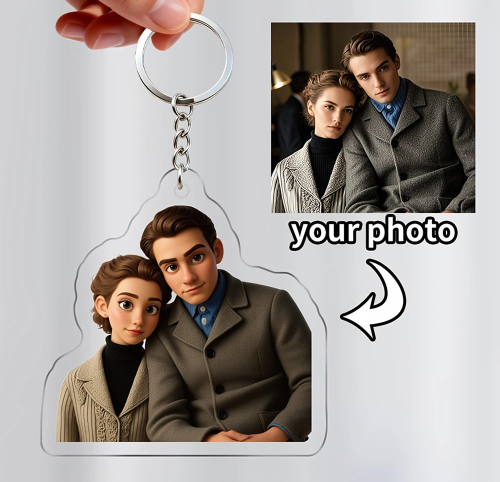 

Valentine's Day Custom Couples Photo Cartoon Style Keychain Personalized Custom Acrylic Photo Keychain For Bags Anniversary Gift