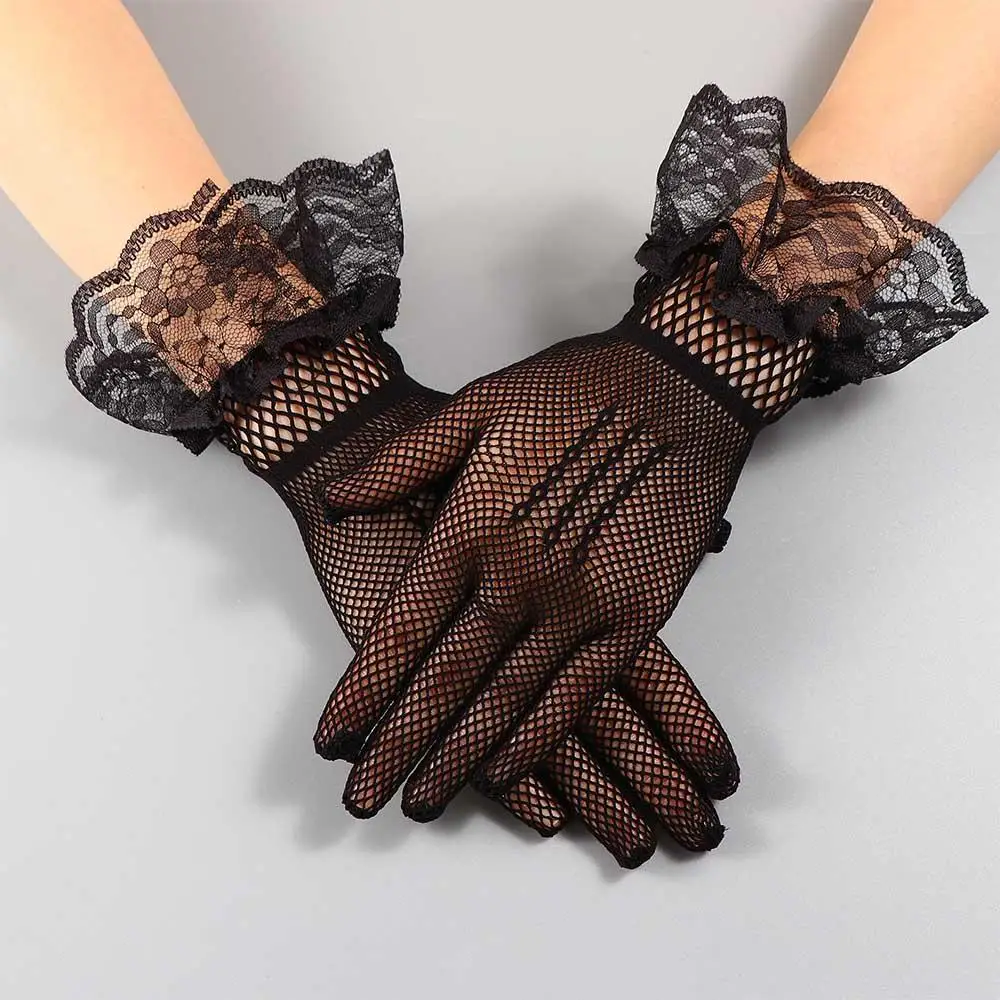 Korean Sweet Mesh Women Bridal Elasticity Lace Mittens Hand Sleeve Wedding gloves Flower