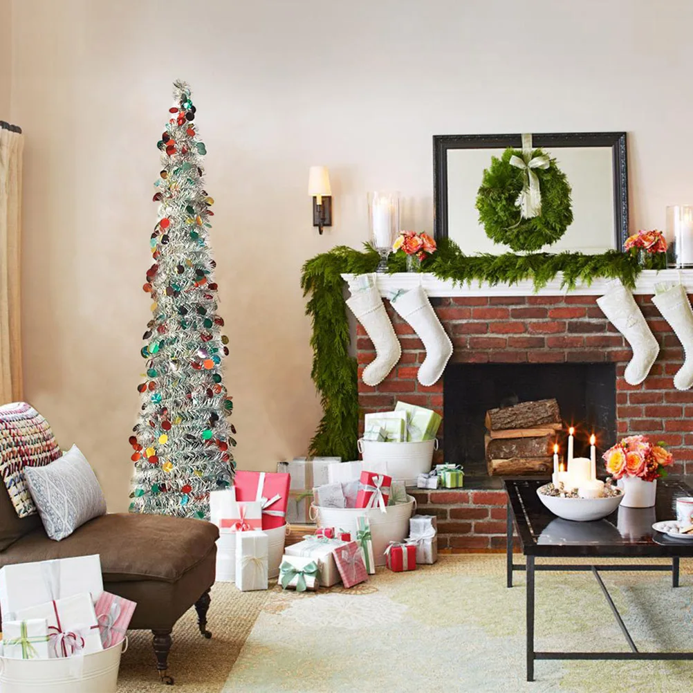 1Pcs Pet Plastic Foldable Telescopic Christmas Tree 150cm Eco Friendly Silver Colorful Christmas Party Home Decoration