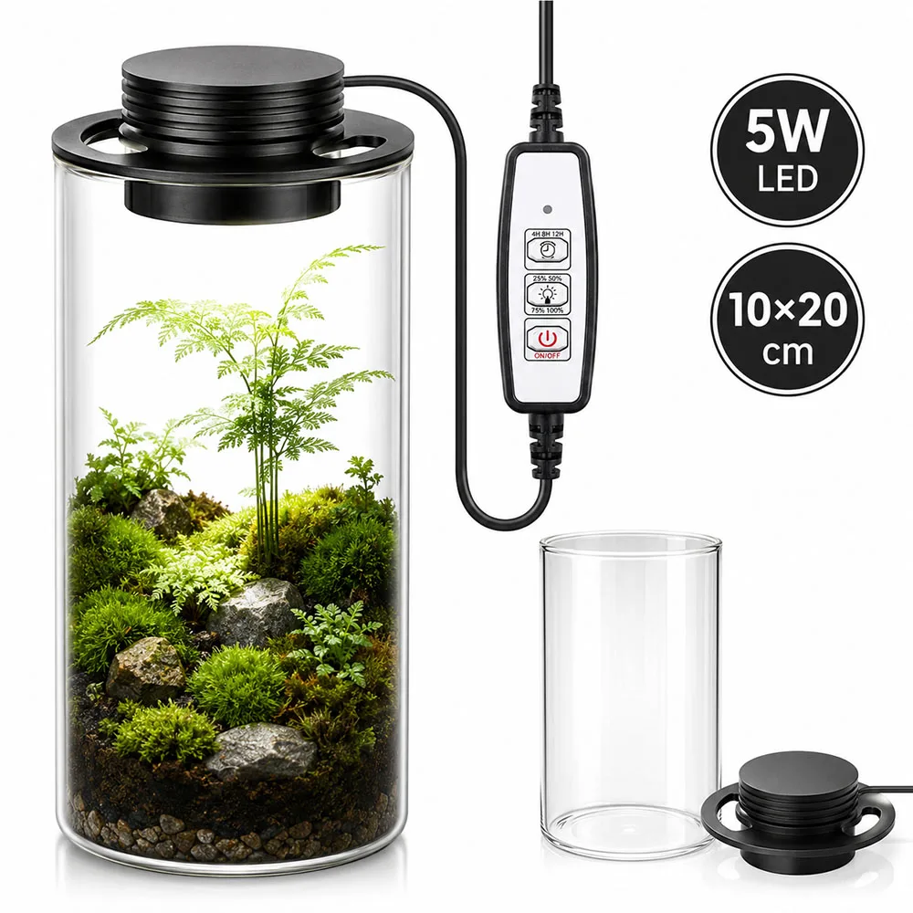 Desktop Glass Terrarium with 5W LED Grow Light, 10x20cm DIY Plant Jar for Moss Succulent Betta Tank Home Office Decor