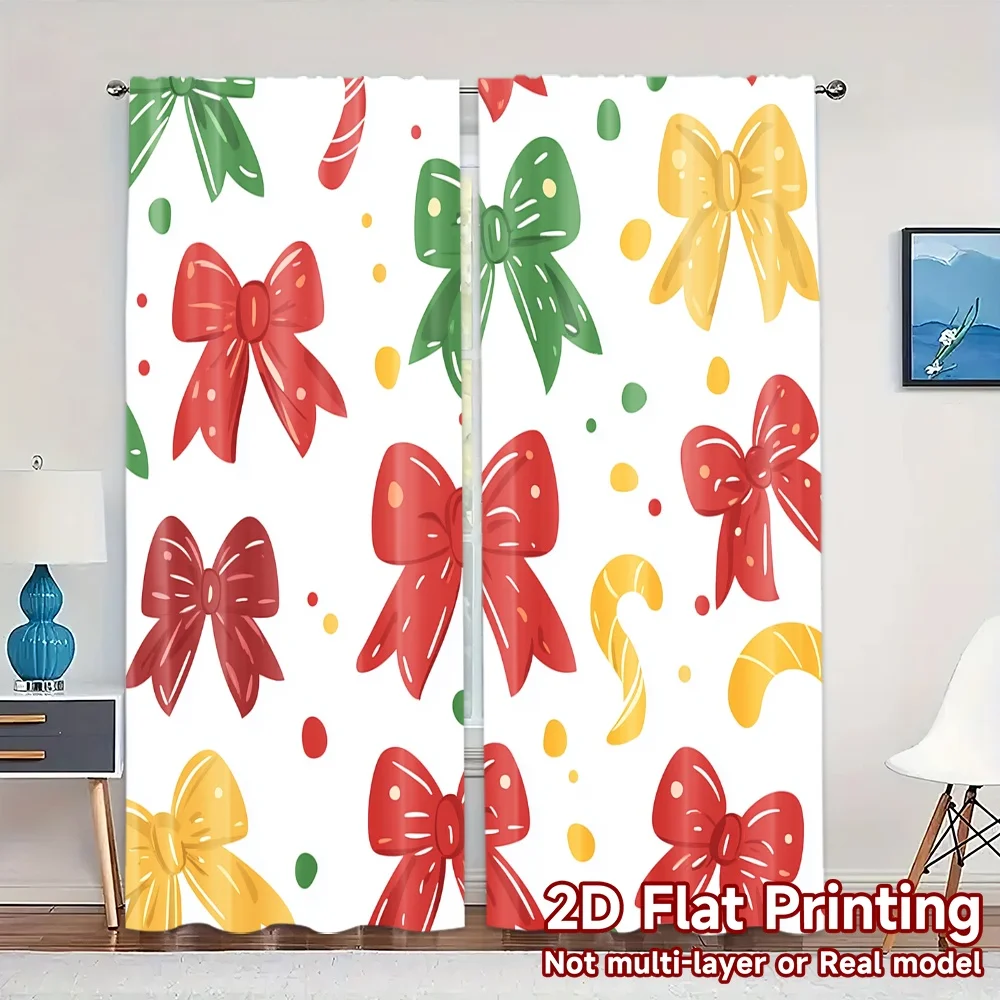 2pcs,Curtains Christmas Bows Ribbons Gift (3) Popular Light Filtering Curtains Machine Washable Fabric Curtains Art Deco Festive