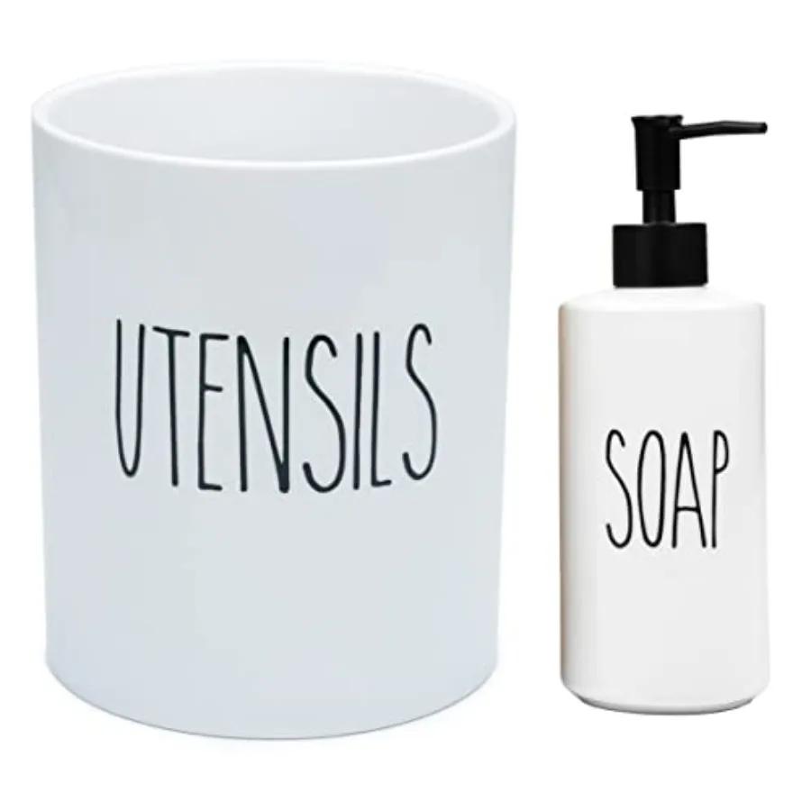 

Kitchen Utensil Holder and Porcelain 16oz Empty Liquid Dispenser Bottle for Soap