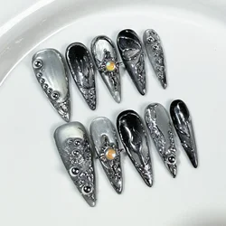 10pcs Stiletto Almond Press On Nails Dark Blue Cat Eye y2k False Nails With 3D Design Artifical Detachable Full Cover Nail Tips