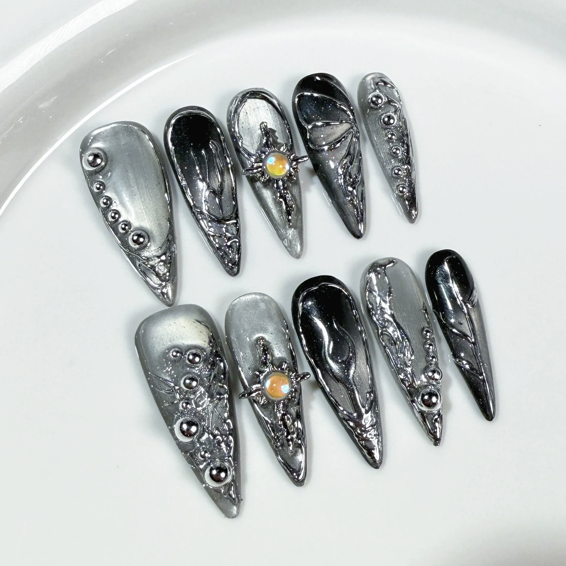 10szt Stiletto Almond Press On Nails Dark Blue Cat Eye y2k Fałszywe paznokcie z 3D Design Artifical Detachable Full Cover Nail Tips