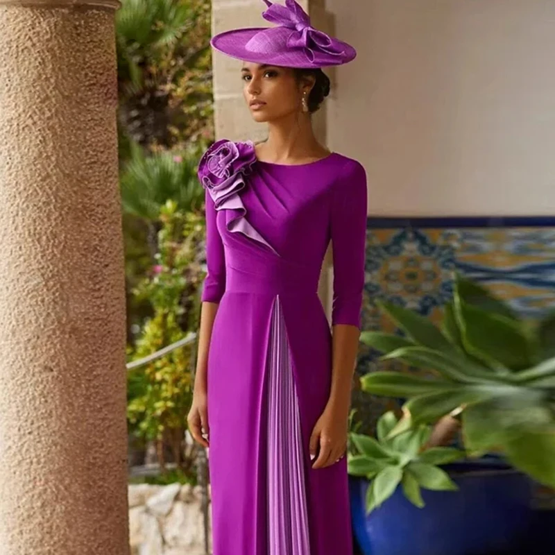 

Women's Vibrant Purple Gradient Mother of the Bride Dress Three-Quarter Sleeves Formal Gown Floor-Length Glamorous Prom Dress