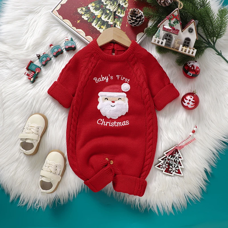 Baby Boys Girls Rompers Red Santa Claus Knit Newborn Infant Netural Christmas Jumpsuits Clothes 0-18m Toddler Overalls One Piece