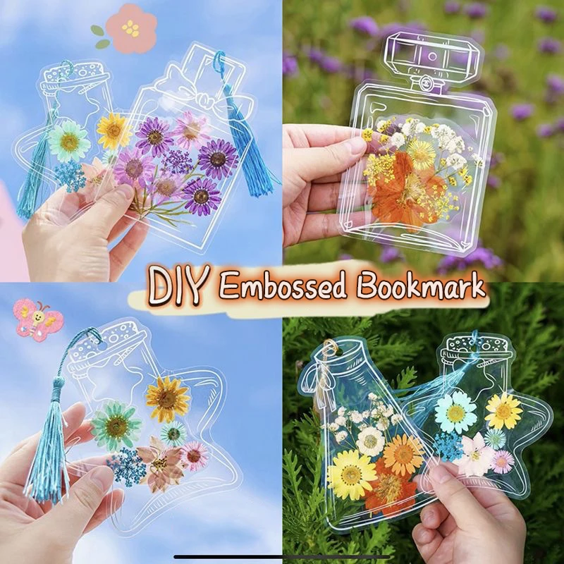 Marcapáginas transparente creativo para estudiantes, botella en relieve, Clip y pasta, paquete de pegatinas de herbario, marcapáginas de flores secas