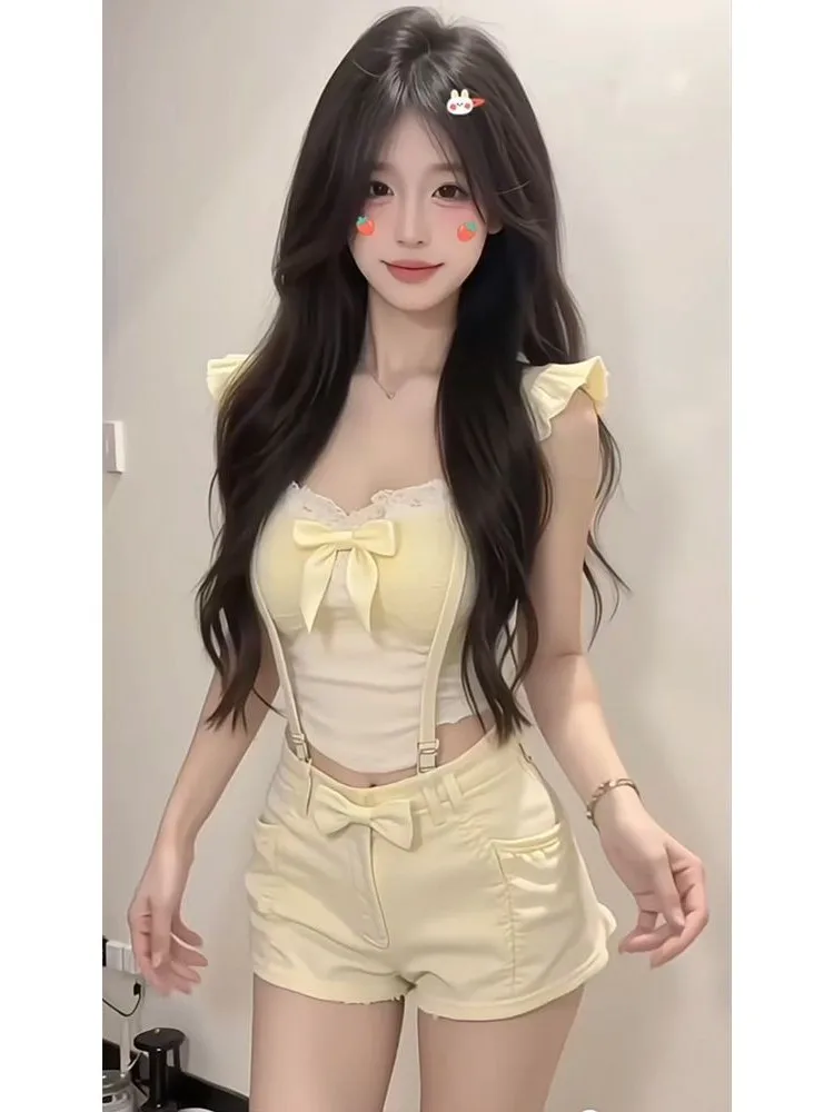 

Pure Desire Girl's Lace Trim Knot Sleeveless Top And Shorts Set Summer Fashion Outfit Short Sleeve round Neck Ensemble