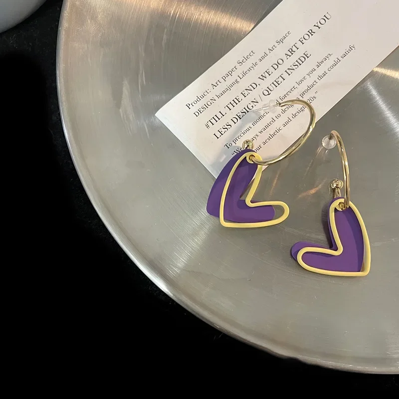 Cute Contrasting Love Heart Earrings For Women Sweet Childlike Heart Candy Purple Eardrop Jewelry Gift