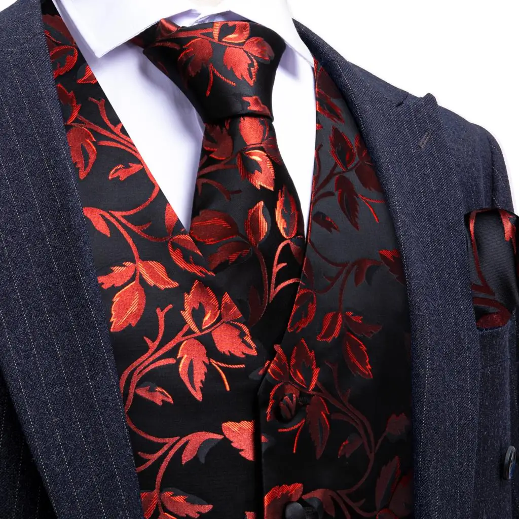 Elegant Silk Vest for Men Red Black Leaves Slim Fit Waistcoat Tie Hanky Cufflinks Set Wedding Business Formal Party Barry Wang