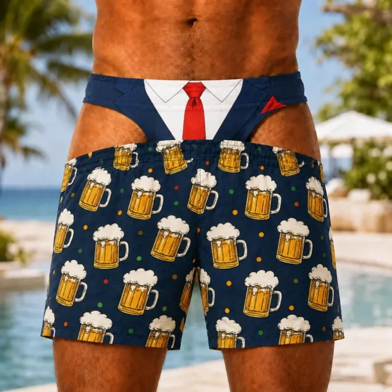 Men Beer Mug Print Beach Shorts Funny Suit Red Tie Thong Novelty Board Shorts Summer Holiday Quick Dry Swim Trunks