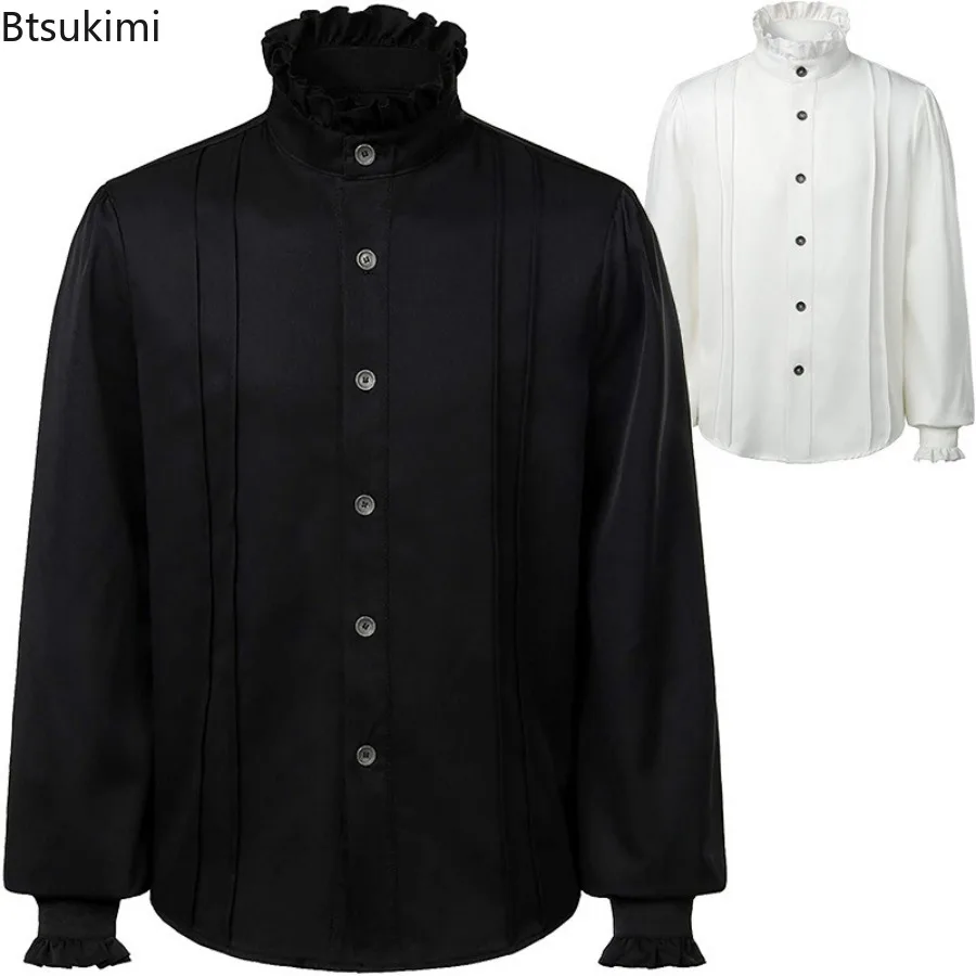 Men's Gothic Vintage Court Shirt Button Down Shirts Tops Renaissance Long Sleeve Medieval Ruffle Stand Neck Puff Sleeve Shirt