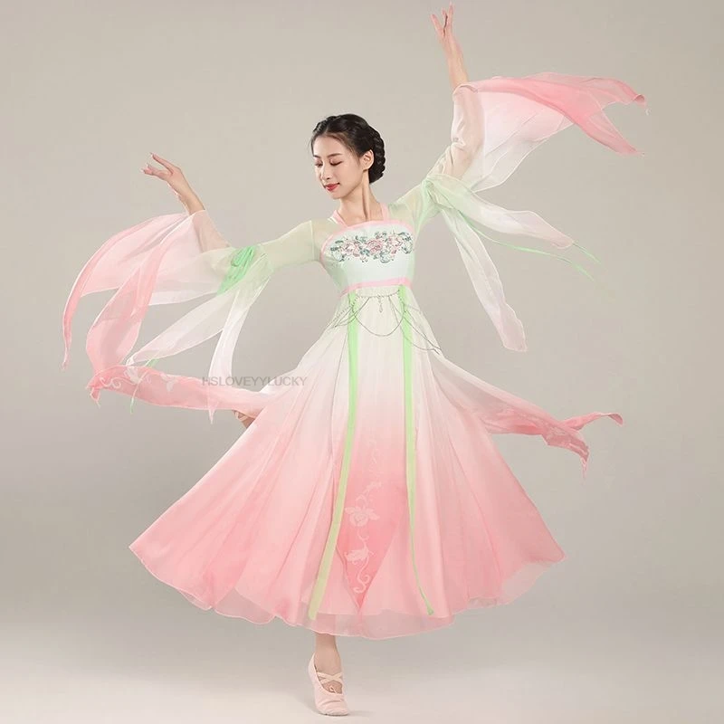 

Traditional Chinese Dance Costume Gradient Color Hanfu Set Retro Stage Performance Dress Ancient Folk Dance Suit Big Skirt Dress