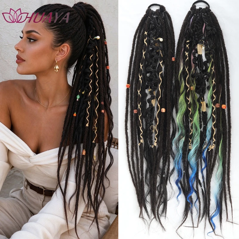 24in Hand Braided Faux Locs Ponytail Ombre Blue Green Curly Dreadlock Extension with Beads Boho Viking HairforFestival Halloween