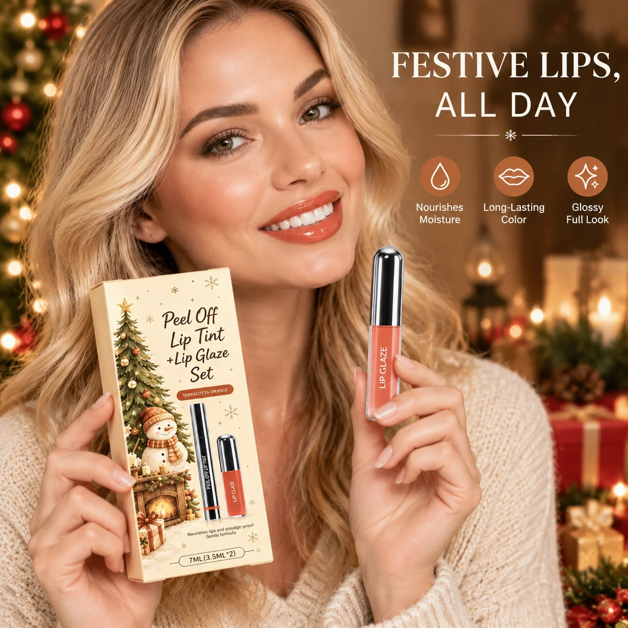 Christmas Waterproof Peel off Lip Glaze Stain Reveal Long Lasting Christmas Gift Plump 3D Glossy Lip Look Peel off Lip Tint 7ml